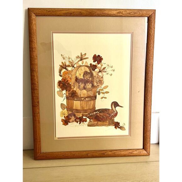1990s June Petersen Signed Pressed Flower Wood Folk Art "Flower Fantasies" - Picture 1 of 12